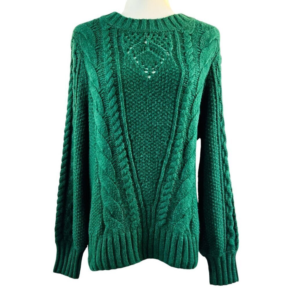 Talbots Wool Blend Green Balloon Sleeve Cable Knit Sweater Cozy Preppy